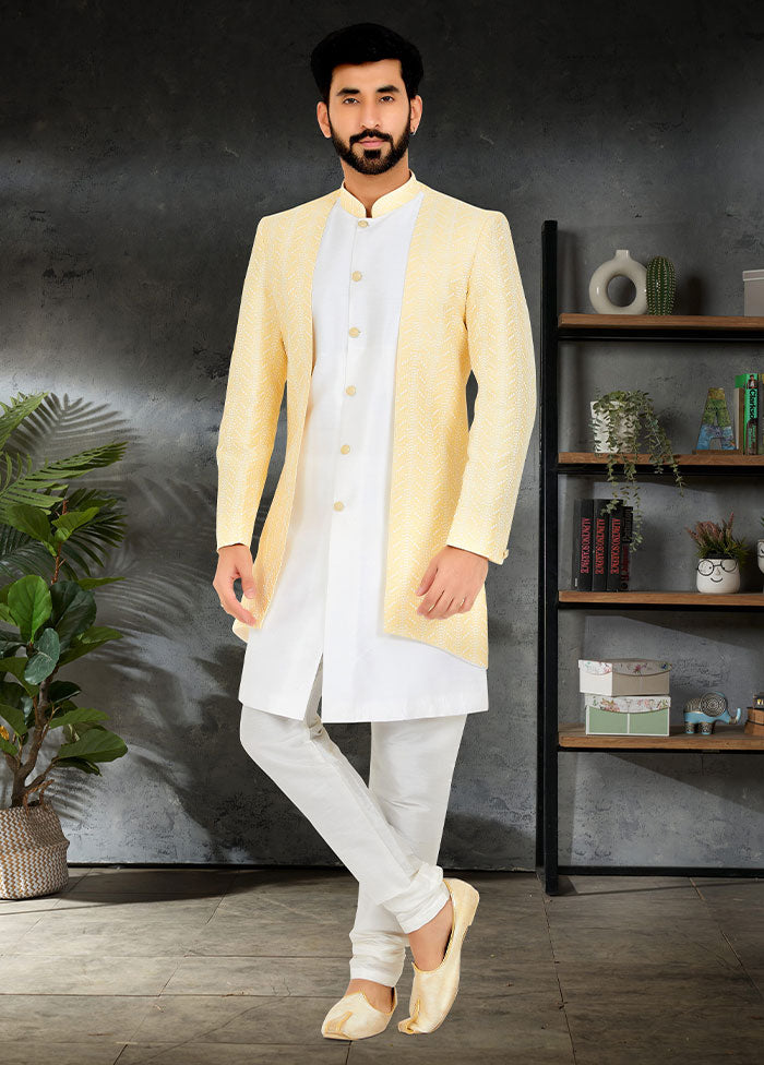 2 Pc Yellow Dupion Silk Kurta And Pajama Set - Indian Silk House Agencies