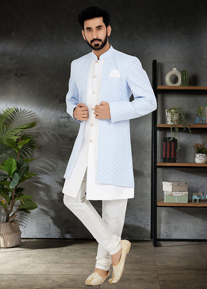 2 Pc Sky Blue Cotton Kurta And Pajama Set - Indian Silk House Agencies