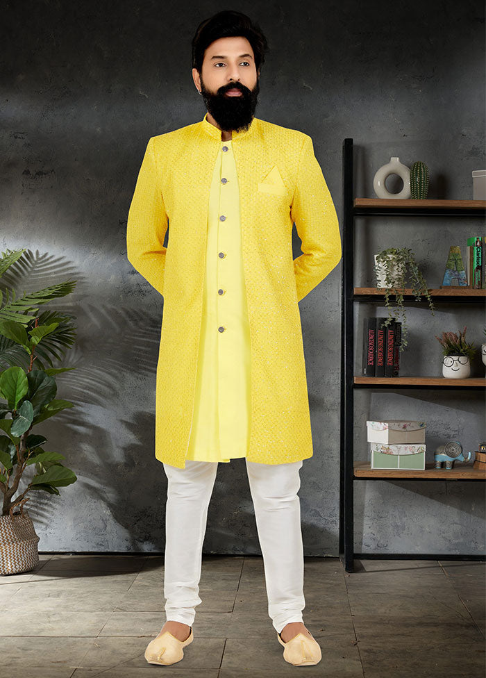 2 Pc Yellow Georgette Kurta And Pajama Set - Indian Silk House Agencies