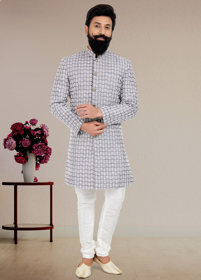 2 Pc Grey Dupion Silk Kurta And Pajama Set