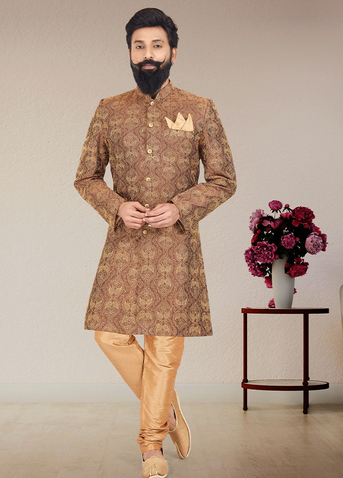 2 Pc Brown Dupion Silk Kurta And Pajama Set