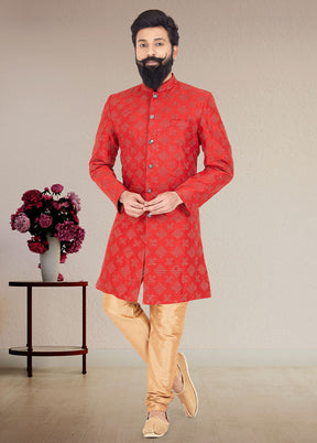 2 Pc Red Dupion Silk Kurta And Pajama Set