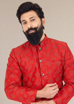 2 Pc Red Dupion Silk Kurta And Pajama Set