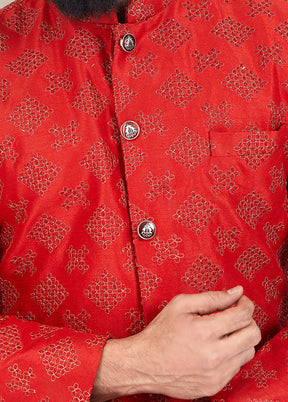 2 Pc Red Dupion Silk Kurta And Pajama Set