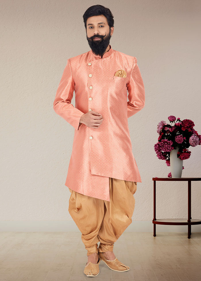 2 Pc Peach Dupion Silk Kurta And Pajama Set