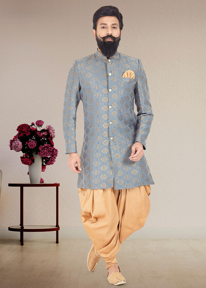 2 Pc Greyish Blue Dupion Silk Kurta And Pajama Set