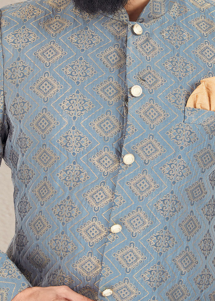 2 Pc Greyish Blue Dupion Silk Kurta And Pajama Set