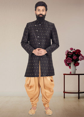 2 Pc Black Dupion Silk Kurta And Pajama Set