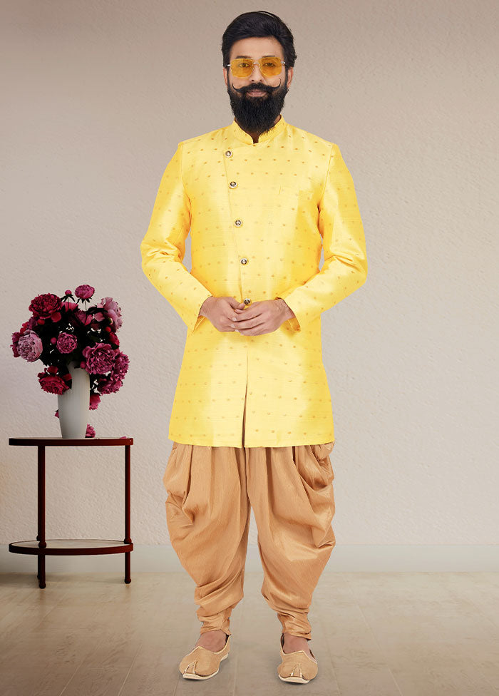 2 Pc Yellow Dupion Silk Kurta And Pajama Set