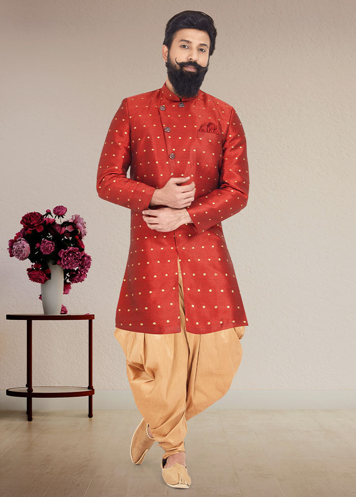 2 Pc Red Dupion Silk Kurta And Pajama Set