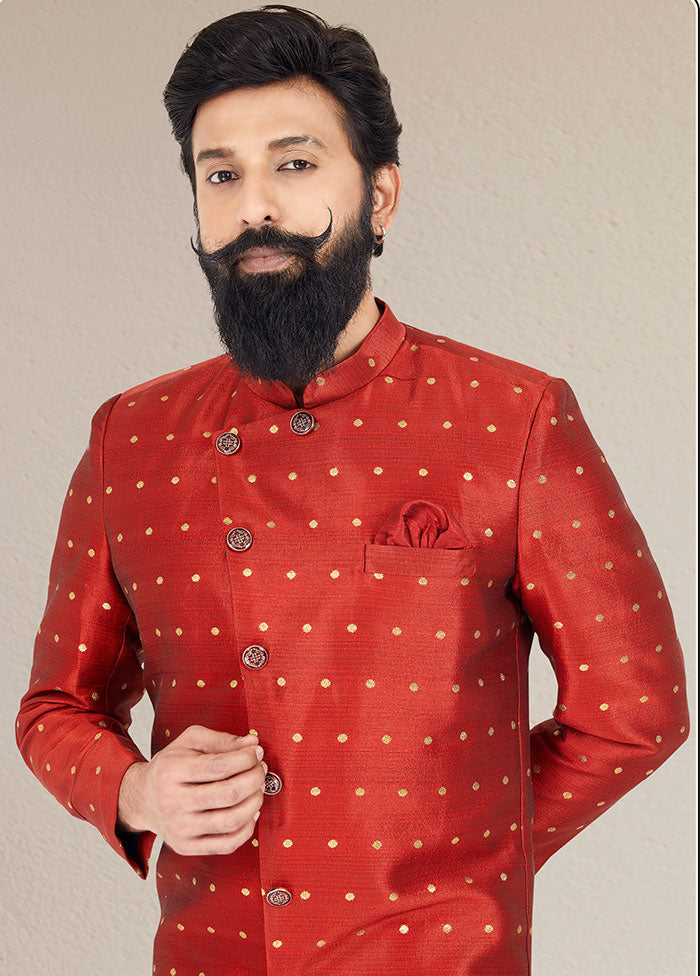 2 Pc Red Dupion Silk Kurta And Pajama Set