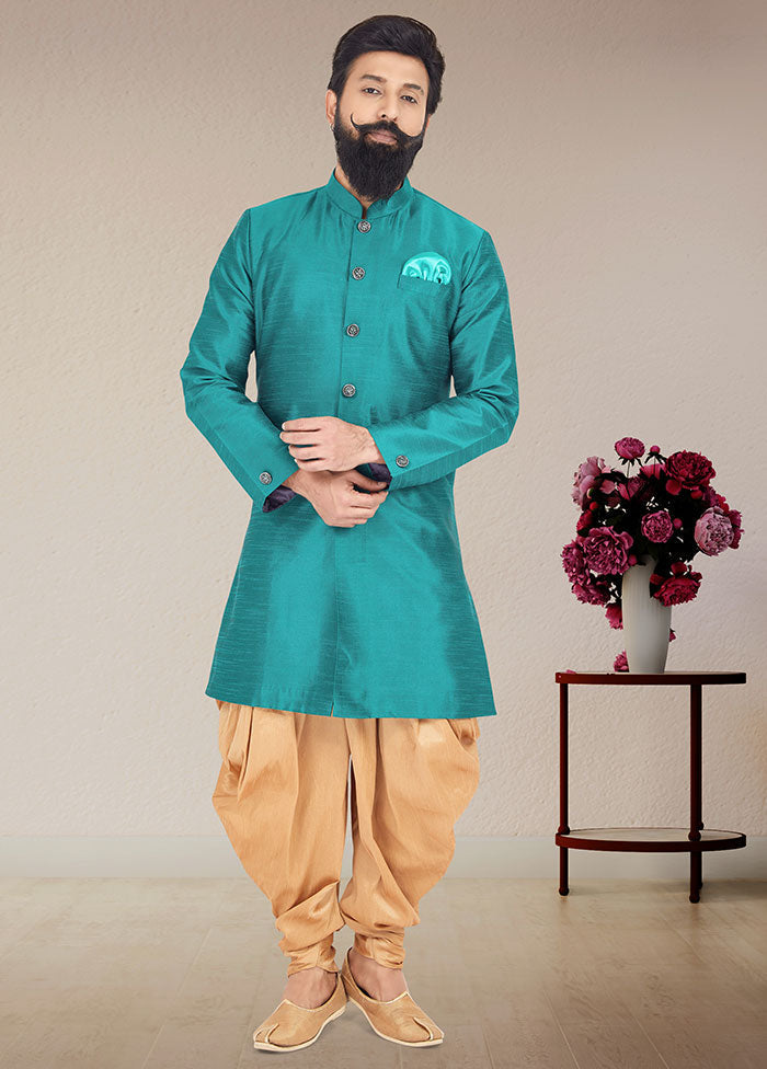 2 Pc Sea Green Dupion Silk Kurta And Pajama Set - Indian Silk House Agencies