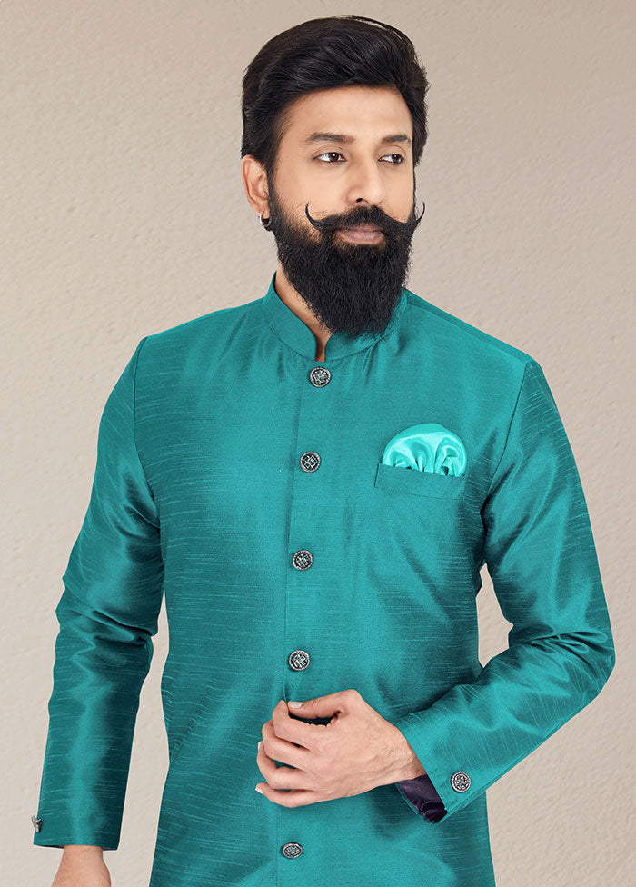 2 Pc Sea Green Dupion Silk Kurta And Pajama Set - Indian Silk House Agencies