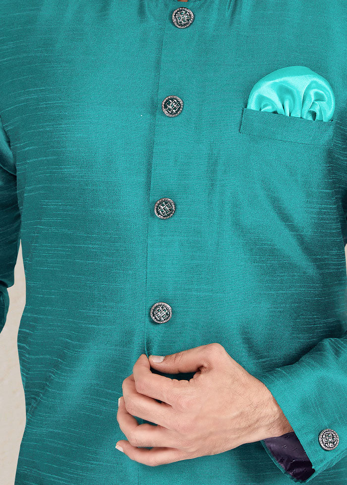 2 Pc Sea Green Dupion Silk Kurta And Pajama Set - Indian Silk House Agencies