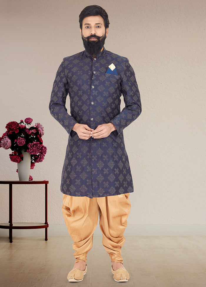 2 Pc Navy Blue Dupion Silk Kurta And Pajama Set - Indian Silk House Agencies