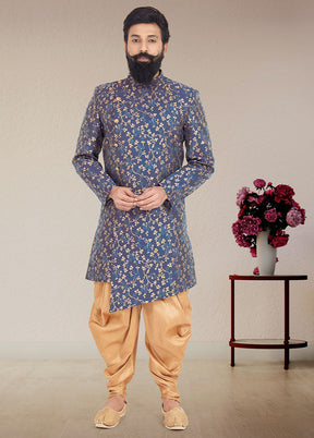 2 Pc Blue Dupion Silk Kurta And Pajama Set - Indian Silk House Agencies