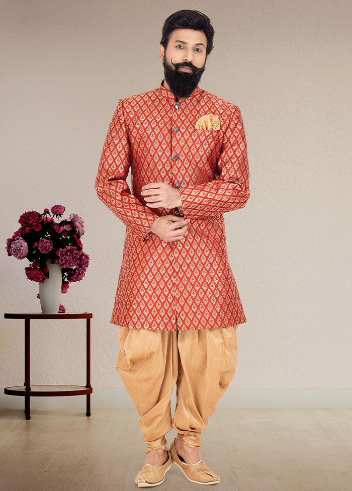 2 Pc Red Dupion Silk Kurta And Pajama Set - Indian Silk House Agencies