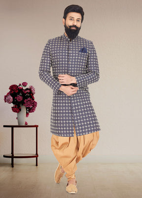 2 Pc Navy Blue Dupion Silk Kurta And Pajama Set