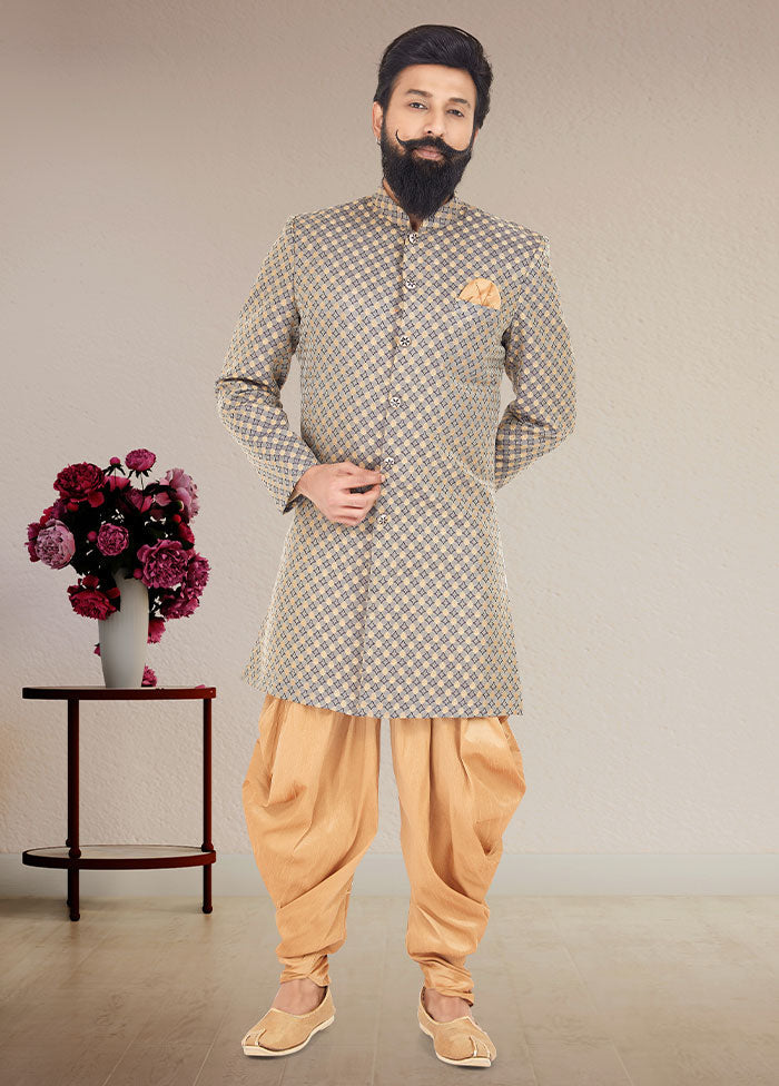 2 Pc Grey Dupion Silk Kurta And Pajama Set - Indian Silk House Agencies