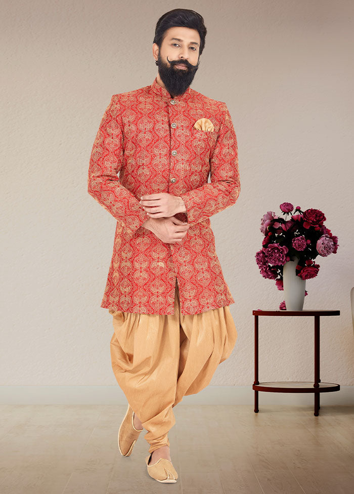 2 Pc Red Dupion Silk Kurta And Pajama Set