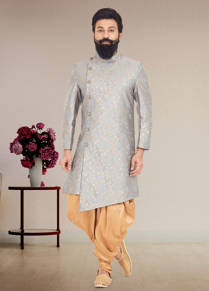 2 Pc Grey Dupion Silk Kurta And Pajama Set