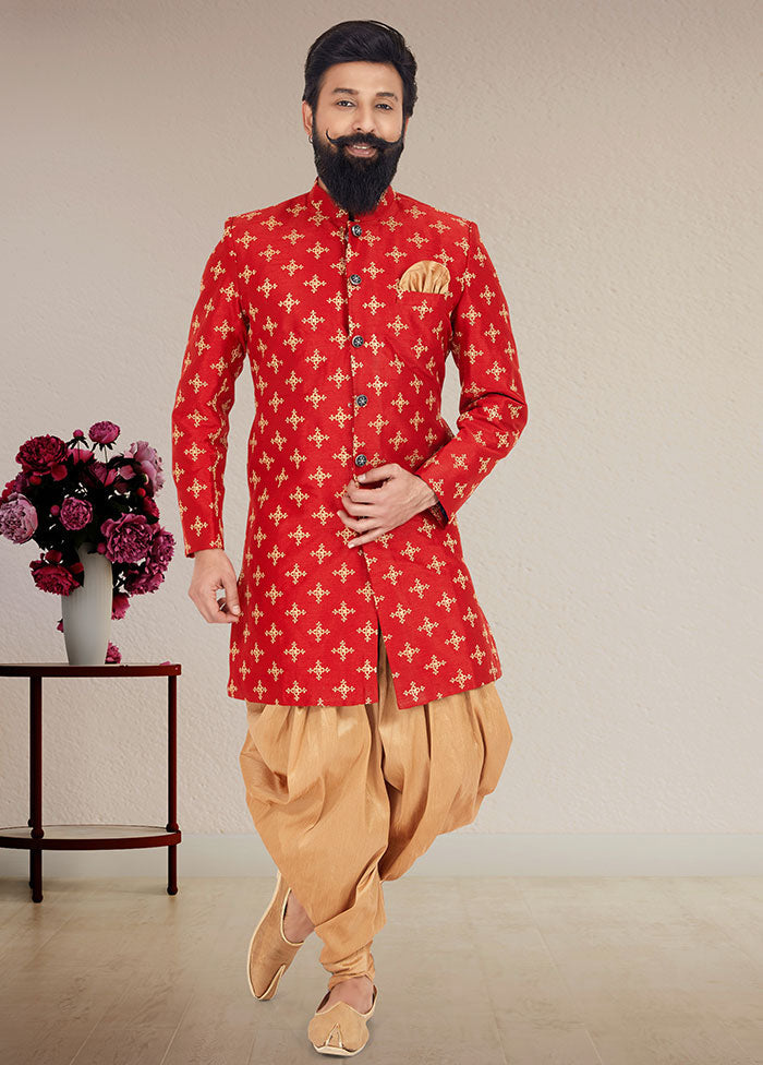 2 Pc Red Dupion Silk Kurta And Pajama Set