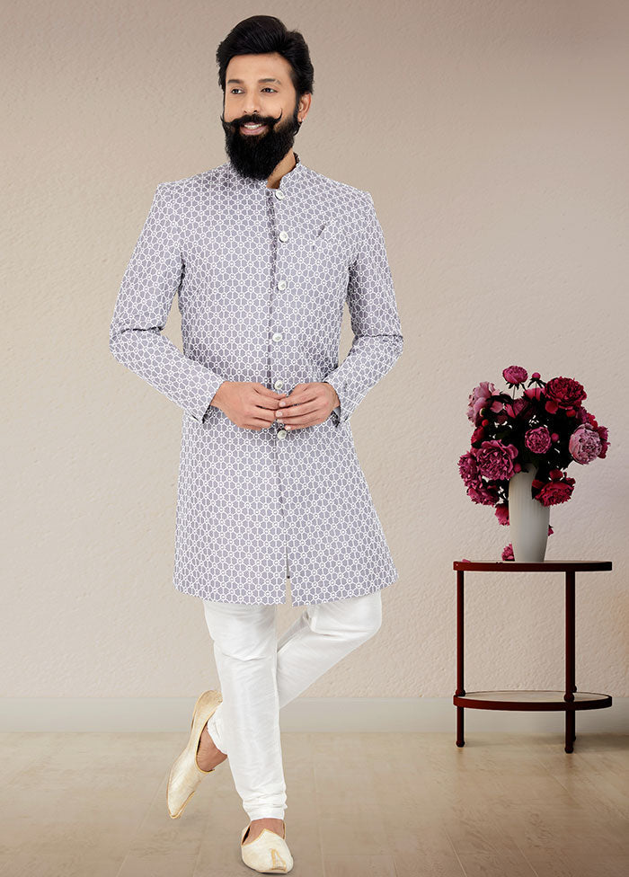 2 Pc Grayish Lavender Dupion Silk Kurta And Pajama Set