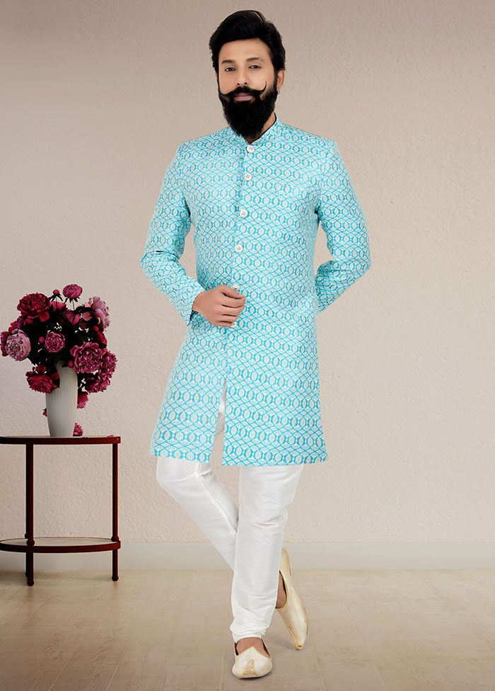 2 Pc Sky Blue Dupion Silk Kurta And Pajama Set - Indian Silk House Agencies