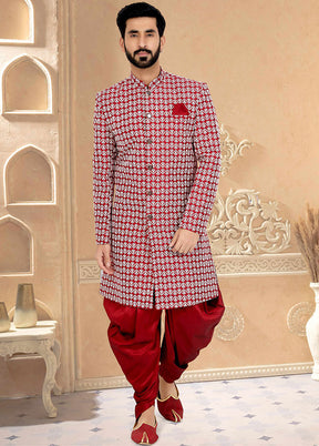 2 Pc Red Dupion Silk Kurta And Pajama Set - Indian Silk House Agencies