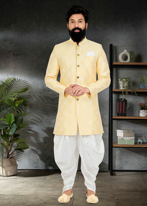 2 Pc Yellow Dupion Silk Kurta And Pajama Set - Indian Silk House Agencies