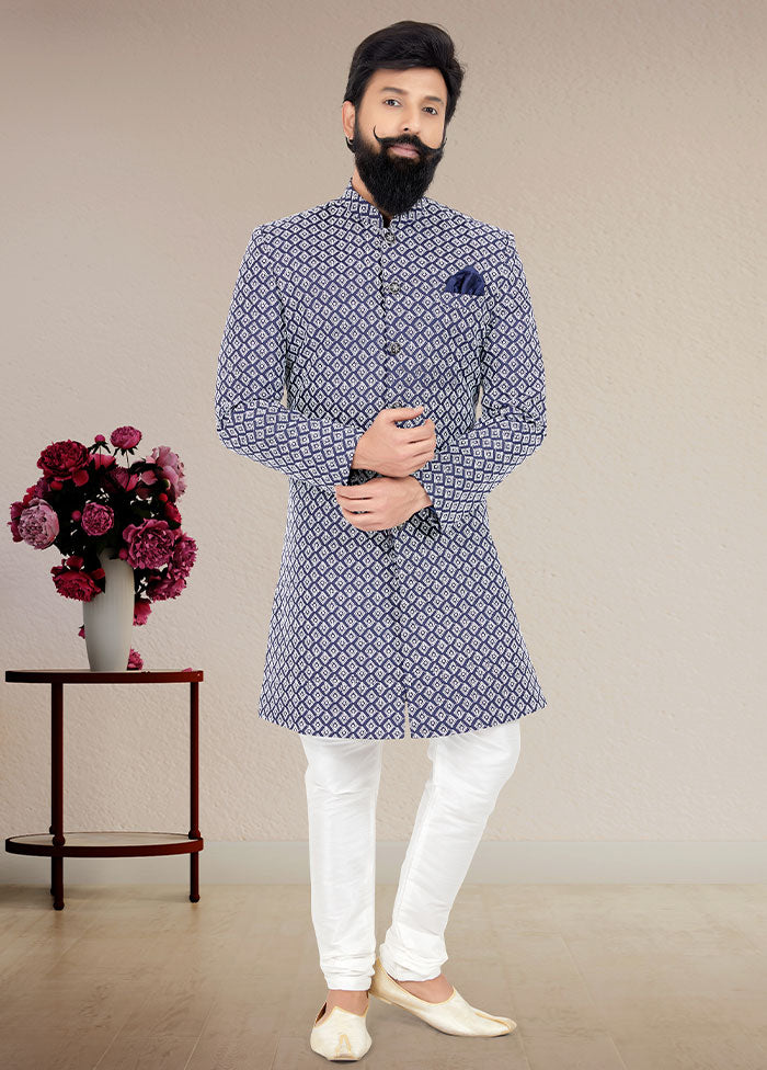 2 Pc Blue Cotton Kurta And Pajama Set - Indian Silk House Agencies