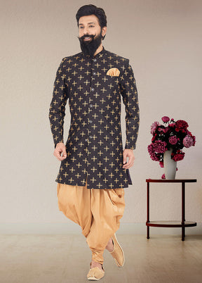 2 Pc Black Dupion Silk Kurta And Pajama Set