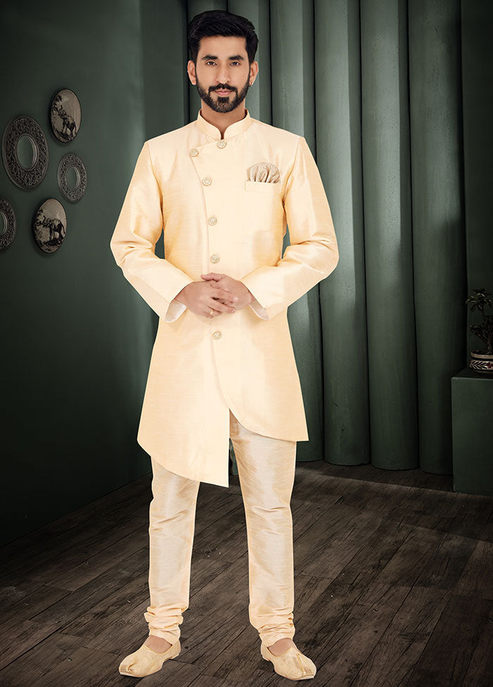 2 Pc Yellow Dupion Silk Kurta And Pajama Set - Indian Silk House Agencies