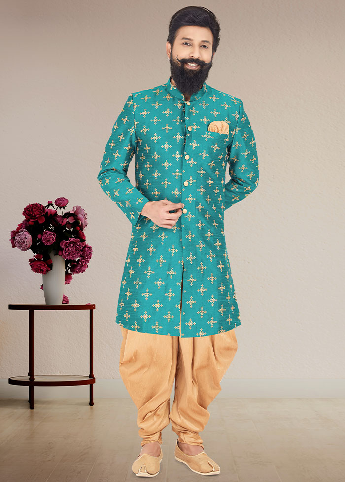 2 Pc Sea Green Dupion Silk Kurta And Pajama Set