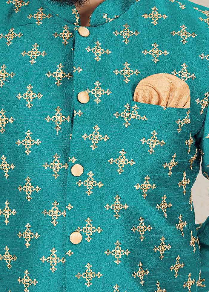 2 Pc Sea Green Dupion Silk Kurta And Pajama Set - Indian Silk House Agencies