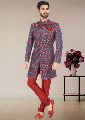 2 Pc Blue Dupion Silk Kurta And Pajama Set