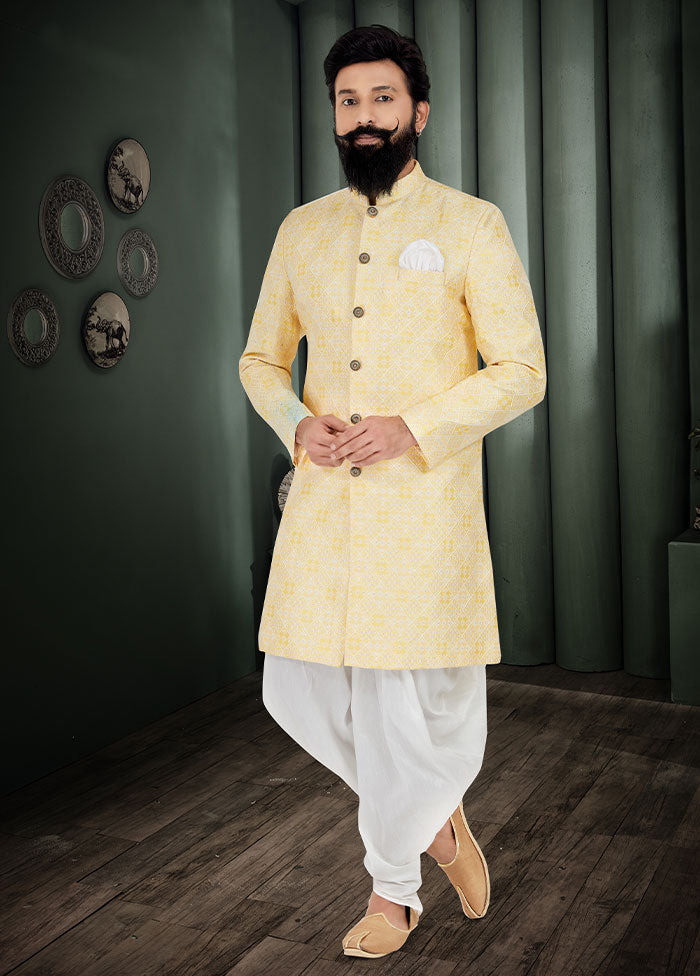 2 Pc Yellow Dupion Silk Kurta And Pajama Set - Indian Silk House Agencies