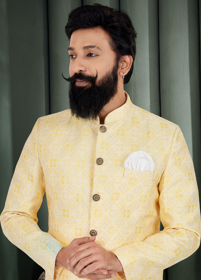 2 Pc Yellow Dupion Silk Kurta And Pajama Set