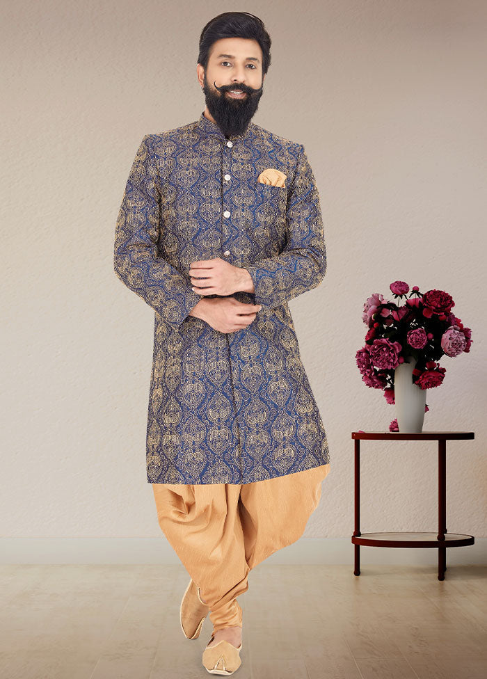 2 Pc Blue Dupion Silk Kurta And Pajama Set - Indian Silk House Agencies