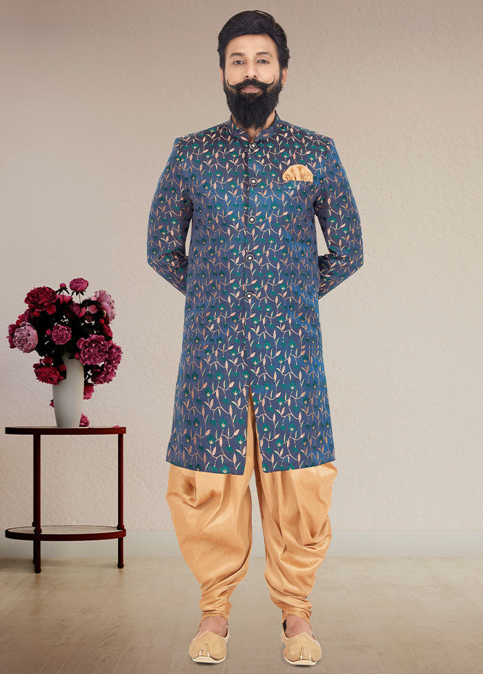 2 Pc Blue Dupion Silk Kurta And Pajama Set