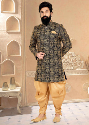 2 Pc Black Dupion Silk Kurta And Pajama Set