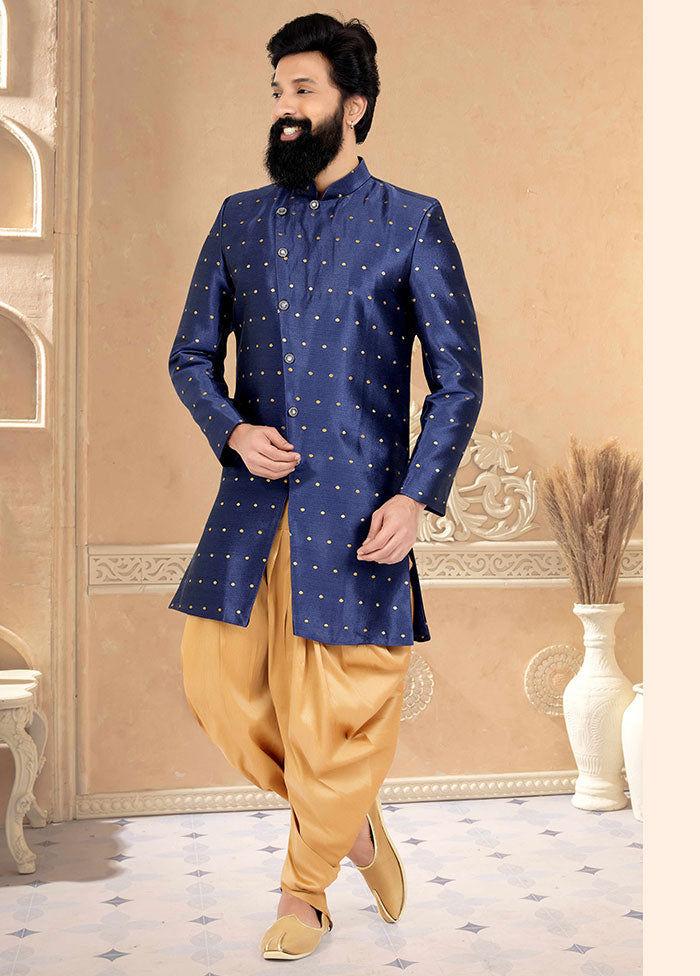 2 Pc Navy Blue Dupion Silk Kurta And Pajama Set