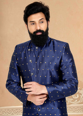 2 Pc Navy Blue Dupion Silk Kurta And Pajama Set