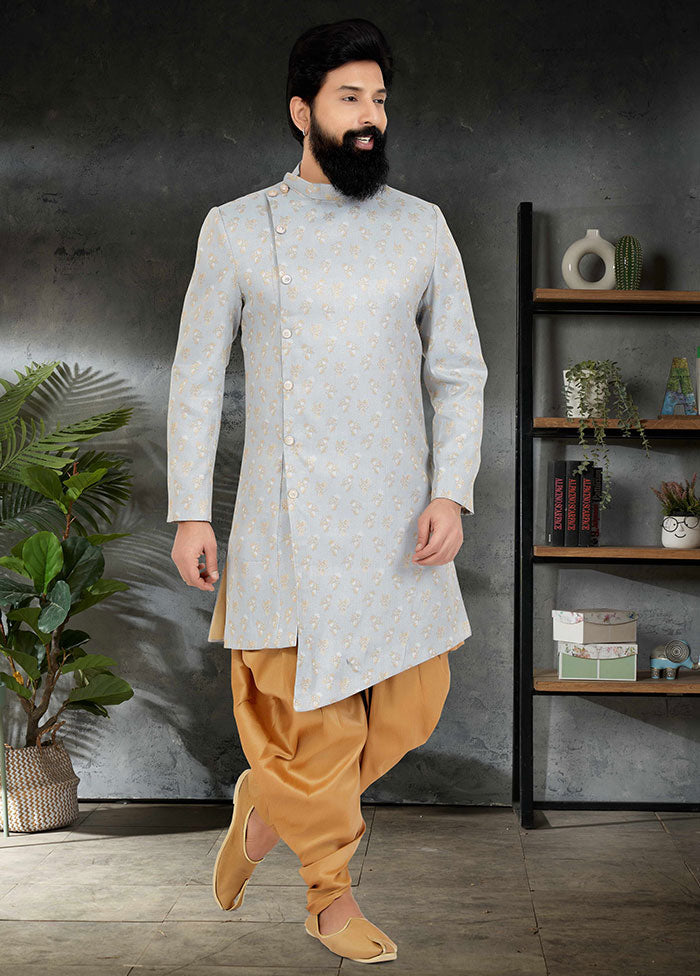 2 Pc Grey Dupion Silk Kurta And Pajama Set