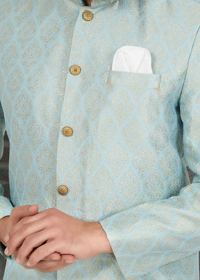 2 Pc Sky Blue Dupion Silk Kurta And Pajama Set - Indian Silk House Agencies
