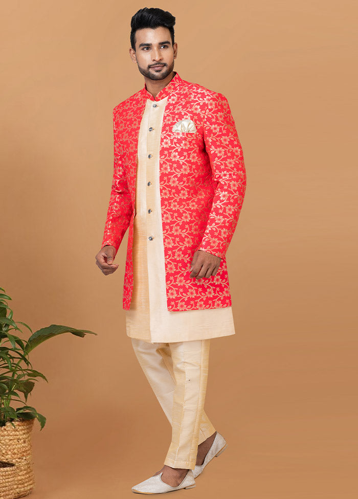 2 Pc Orange Silk Kurta Pajama Set