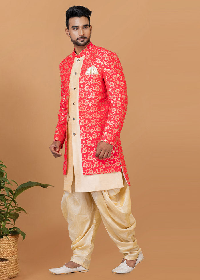 2 Pc Orange Silk Kurta Pajama Set