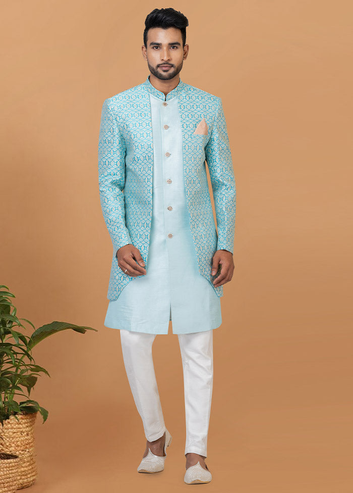 2 Pc Sky Blue Silk Kurta Pajama Set - Indian Silk House Agencies