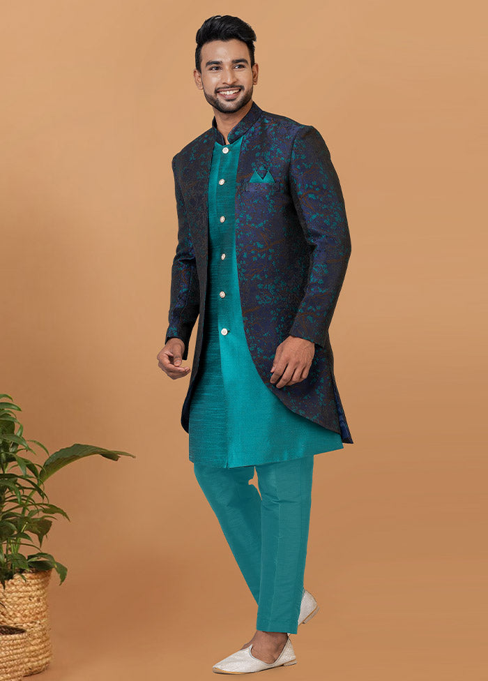 2 Pc Blue Silk Kurta Pajama Set - Indian Silk House Agencies