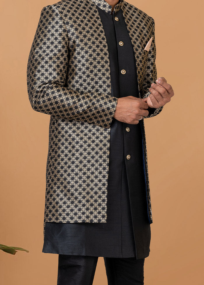 2 Pc Black Silk Kurta Pajama Set - Indian Silk House Agencies